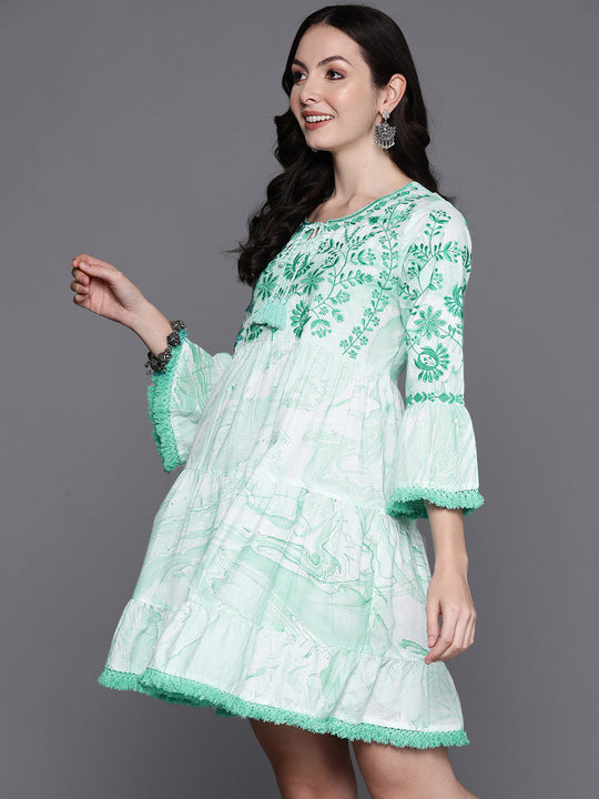 Indo Era Sea Green Tie & Dye Embroidered Tie-Up Neck Bell Sleeves A-Line Ethnic Dress