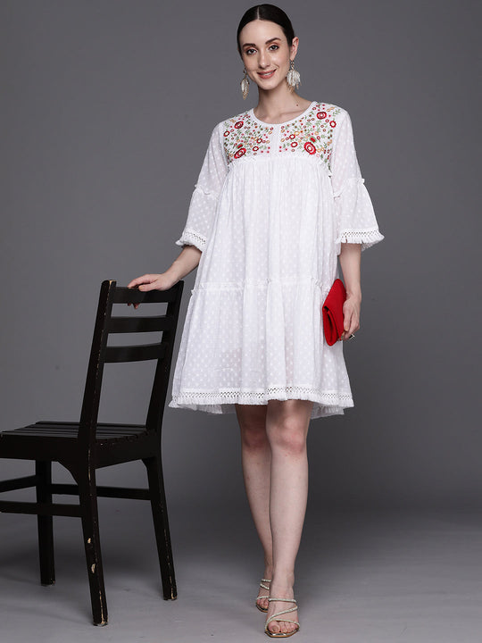 Indo Era White Embroidered A-Line Ethnic Dress