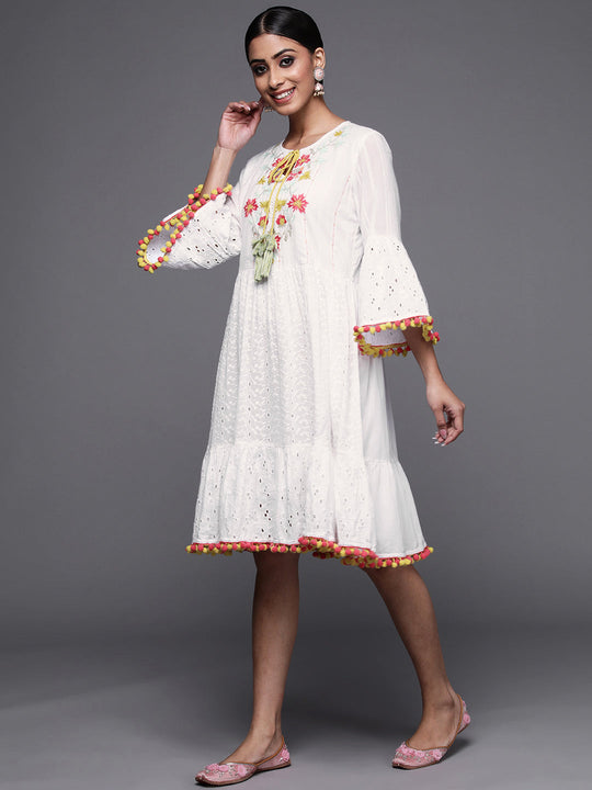 Indo Era White Cut Work A-line Dress