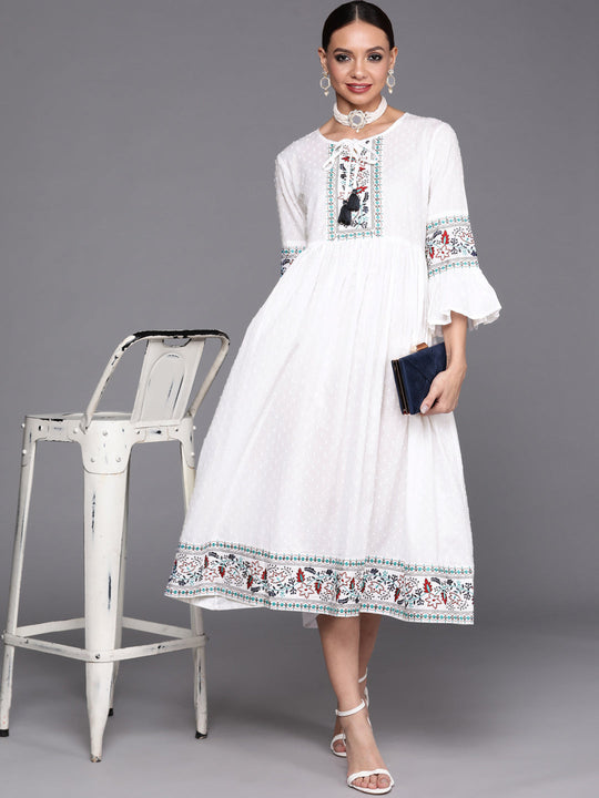 Indo Era White Floral Embroidered A-line Dress