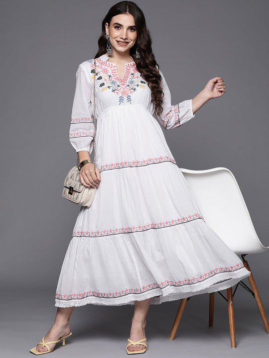 Indo Era White Embroidered A-Line Ethnic Dress