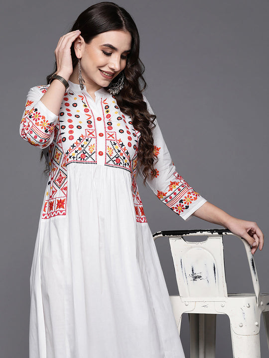 Indo Era White Embroidered A-Line Ethnic Dress