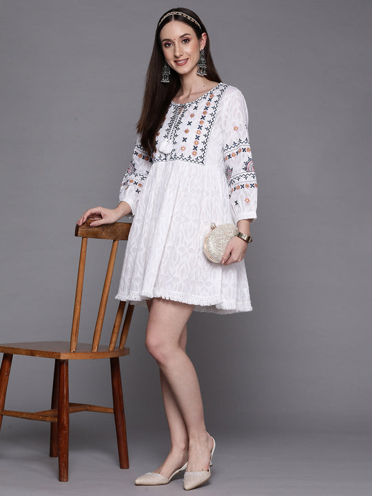 Indo Era White Embroidered A-Line Ethnic Dress