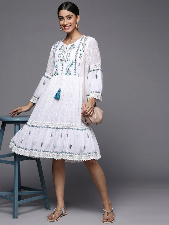 Indo Era White Embroidered A-Line Ethnic Dress
