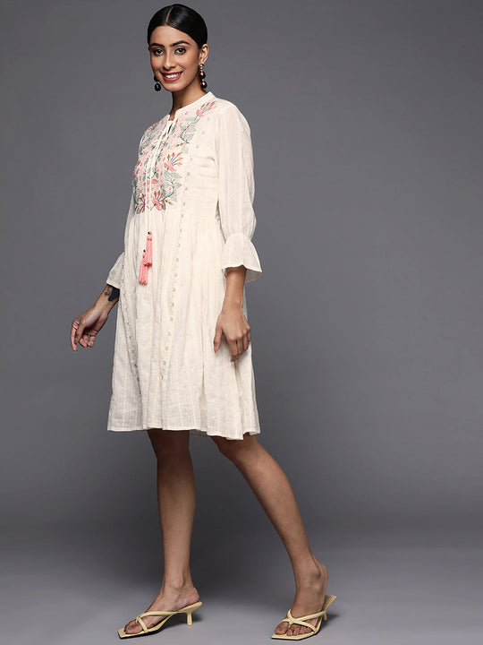 Indo Era Off White Embroidered A-Line Ethnic Dress