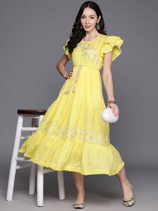 Indo Era Yellow Floral Embroidered Flutter Sleeve A-Line Maxi Dress