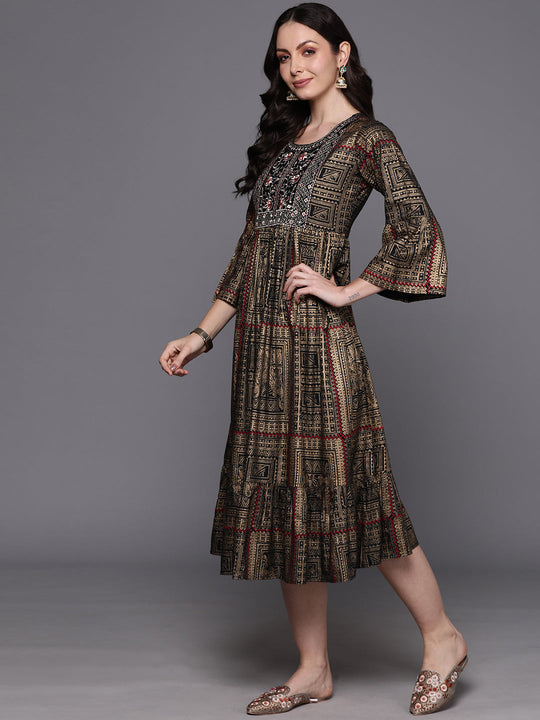 Indo Era Black Embroidered A-Line Ethnic Dress