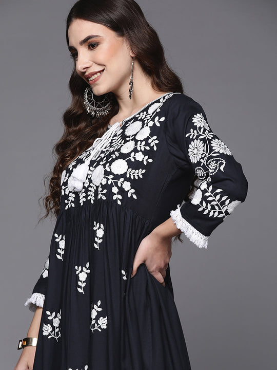 Indo Era Blue Embroidered A-Line Ethnic Dress