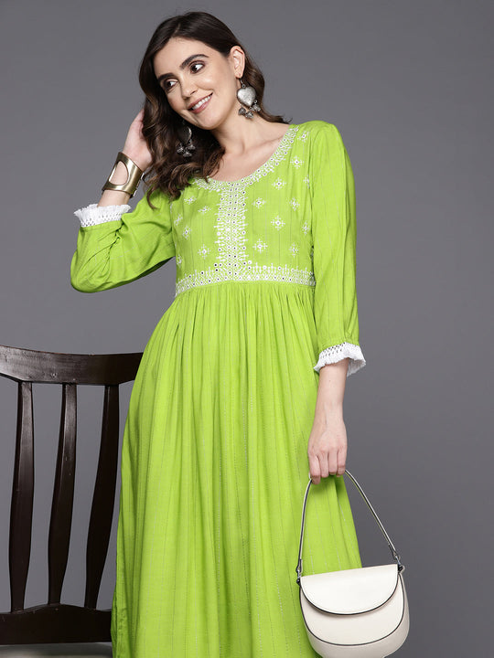 Indo Era Green Embroidered A-Line Ethnic Dress