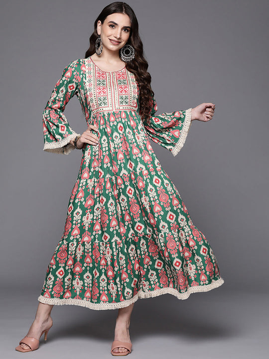 Green Embroidered A-Line Dress