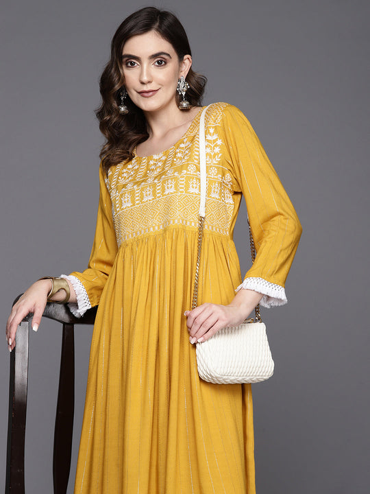 Indo Era Mustard Embroidered A-Line Ethnic Dress