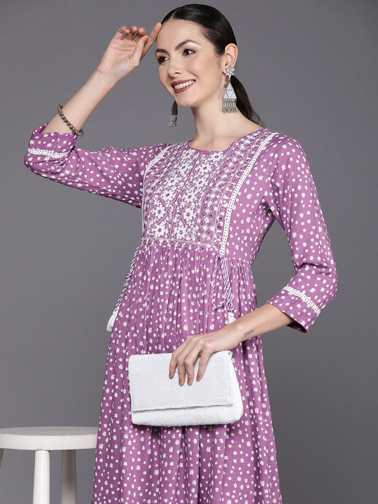 Indo Era Purple Embroidered A-Line Ethnic Dress
