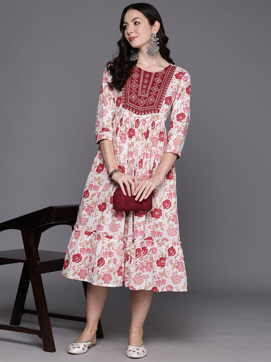 Indo Era Red Floral Embroidered A-Line Midi Ethnic Dress