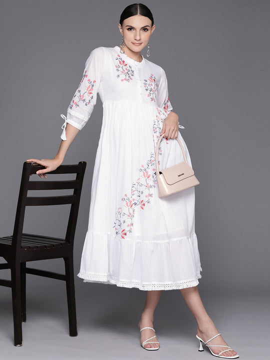 Indo Era White Embroidered A-Line Ethnic Dress