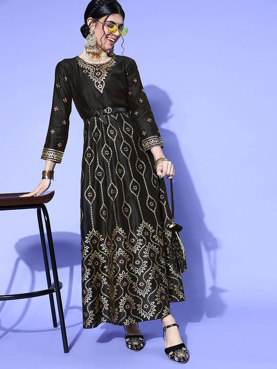 Indo Era Black Foil Printed A-line Dress