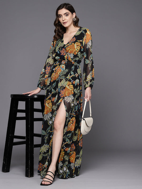 Indo Era Black Printed A-Line Party Dress