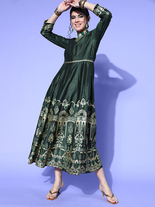 Indo Era Green Foil Printed A-line Dress