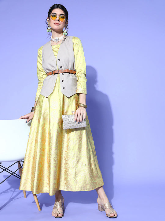 Indo Era Green Foil Printed A-line Dress