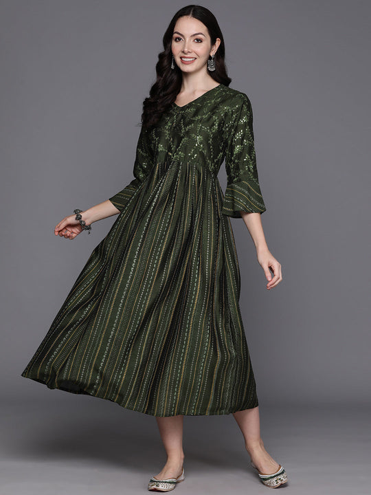Indo Era Green Floral Embroidered Sequinned Bell Sleeves A-Line Midi Ethnic Dress