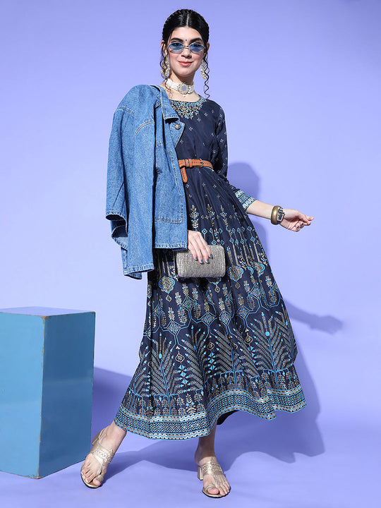 Indo Era Navy Blue Folil Printed A-line Dress