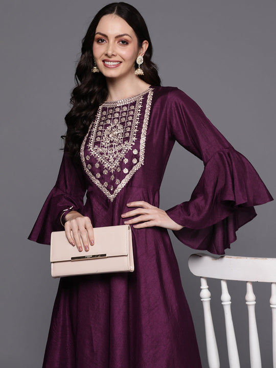 Indo Era Purple Yoke Design A-line Dresses