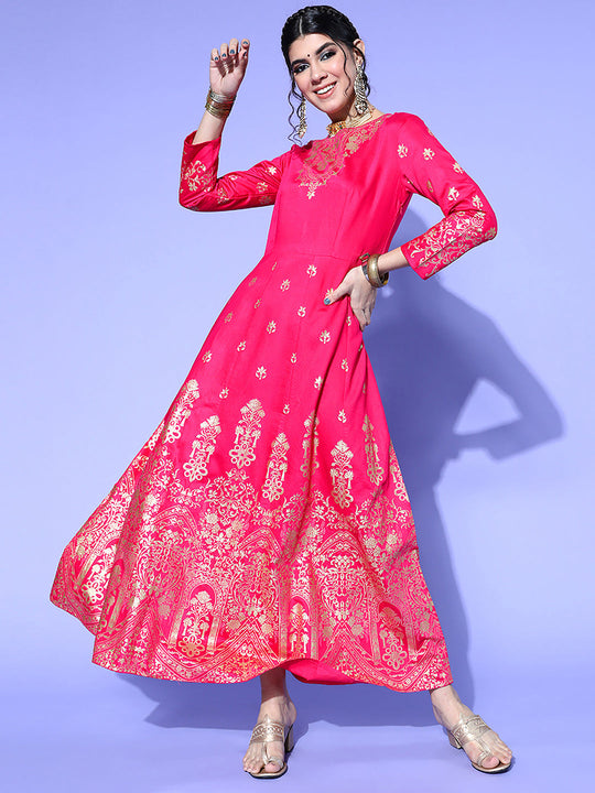 Indo Era Pink Foil Printed A-line Dress