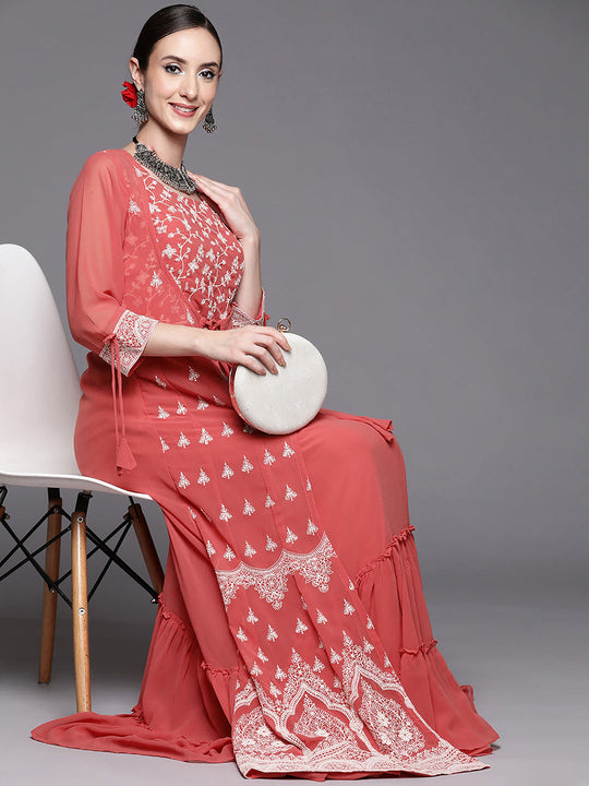 Indo Era Rust Flared Embroidered A-Line Dresses