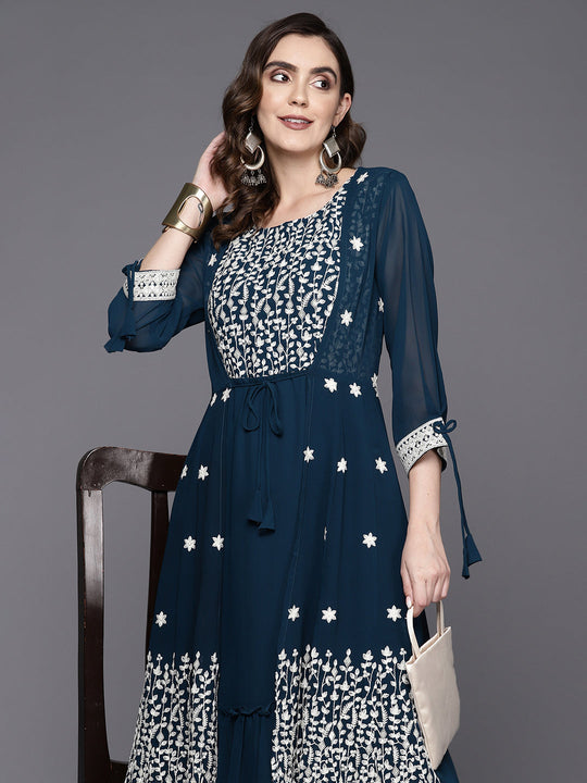 Indo Era Teal Embroidered A-Line Ethnic Dress