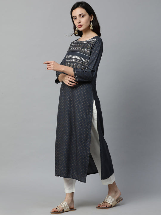Indo Era Grey Foil Printed Straight Kurtas