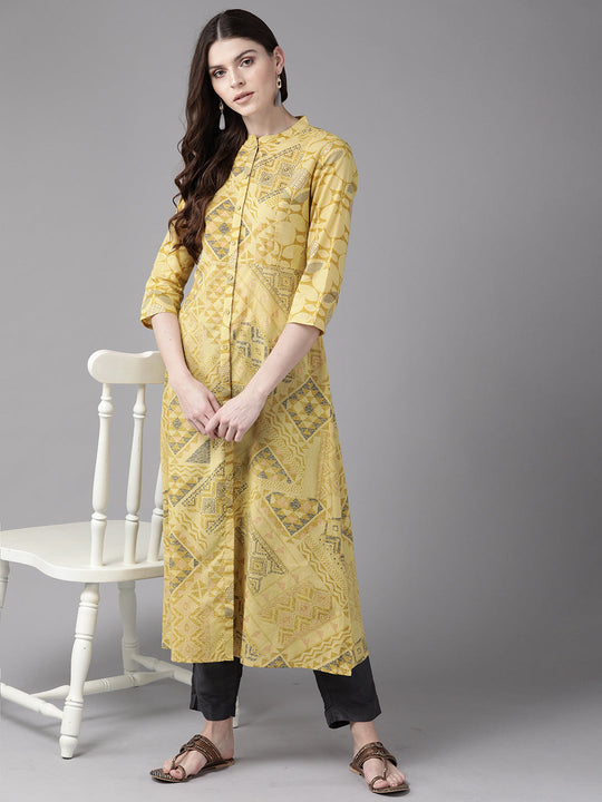 Indo Era Yellow Foil Printed A-Line Kurtas