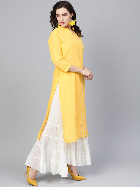 Indo Era Yellow Embroidered Straight Kurtas