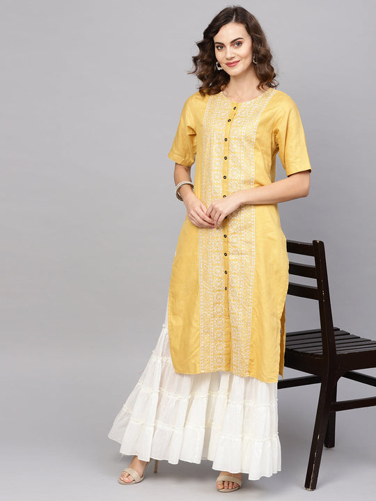 Indo Era Yellow Embroidered Straight Kurtas