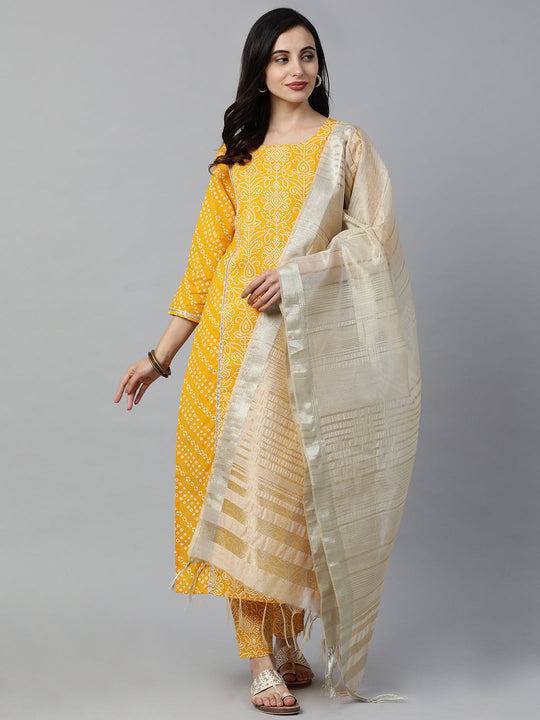 Indo Era Yellow Bandhani Printed Straight Kurta Pant with Dupatta Sets