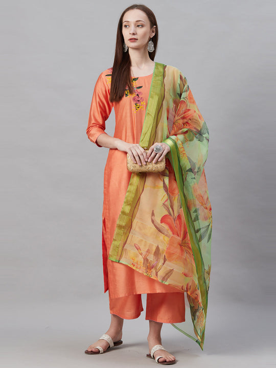 Indo Era Orange Embroidered Straight Kurta Palazzo with Dupatta Set