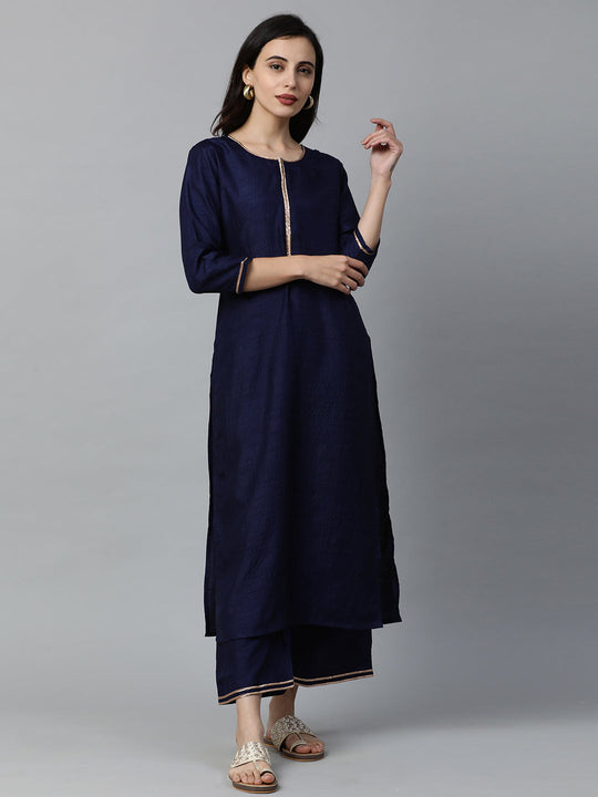 Indo Era Navy Blue Solid Straight Kurta with Palazzo Sets