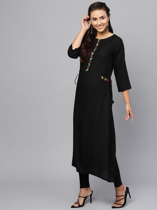 Indo Era Black Embroidered A-Line Kurta