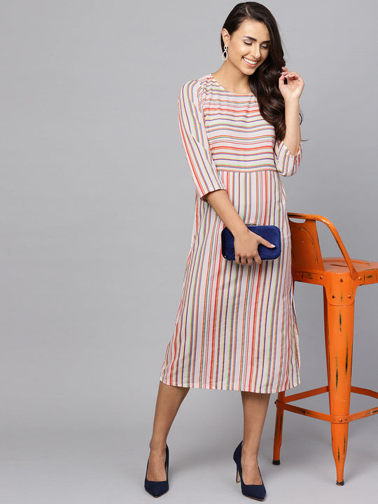 Indo Era Cream Striped A-Line Dresses