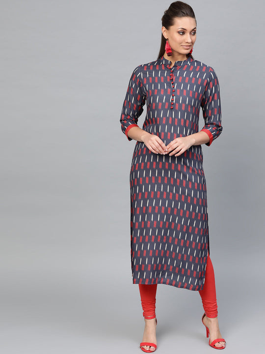 Indo Era Navy Blue Printed Straight Kurtas