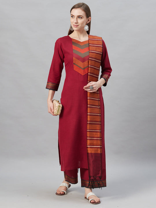 Indo Era Pink Solid Straight Kurta Palazzo with Dupatta Sets