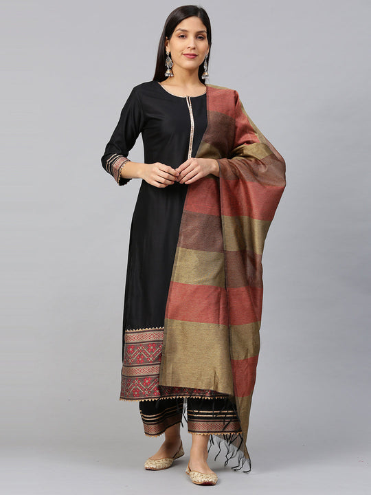 Indo Era Black Solid Straight Kurta Palazzo with Dupatta Sets