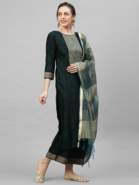 Indo Era Green Solid Kurta Palazzo with Dupatta Sets