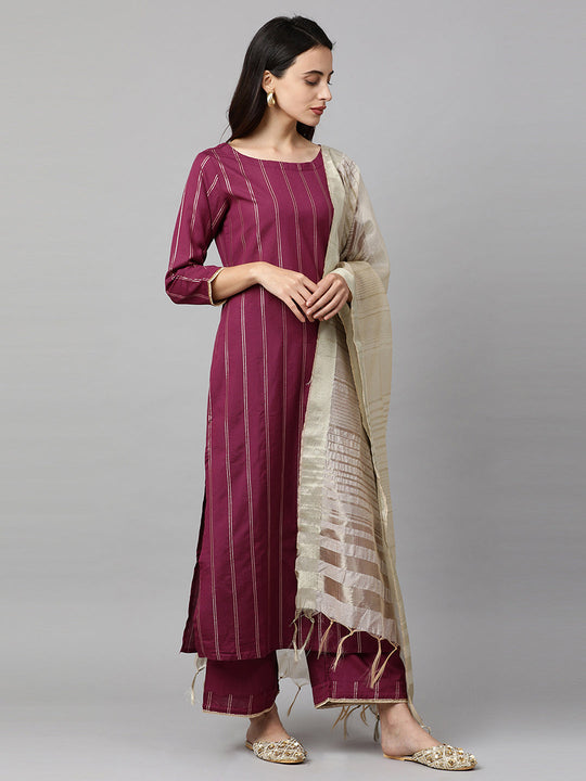 Indo Era Magenta Solid Straight Kurta Palazzo withDupatta Sets
