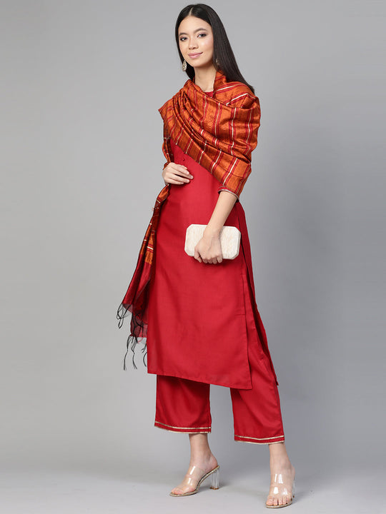 Indo Era Maroon Solid Straight Kurta Palazzo with Dupatta Set