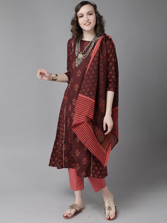 Indo Era Maroon Floral Printed A-Line Kurta with Palazzo Set