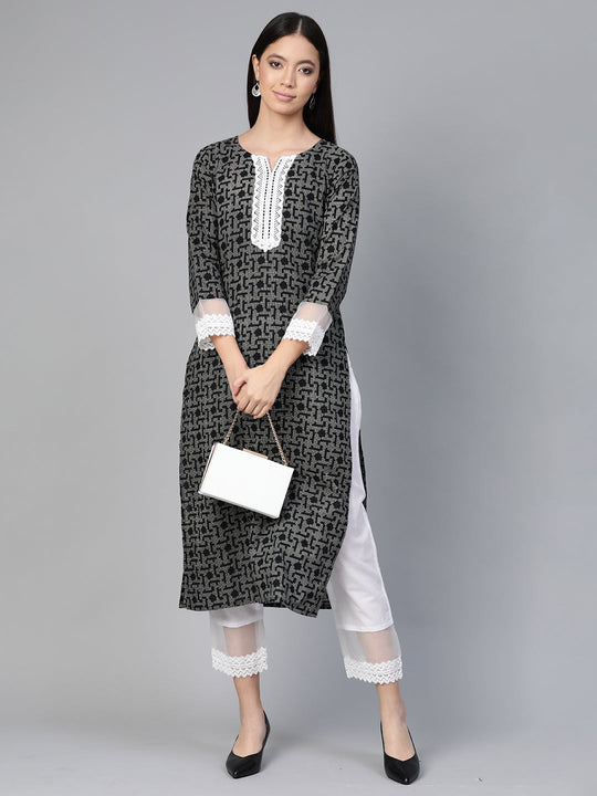 Indo Era Black Embellished Straight Kurtas