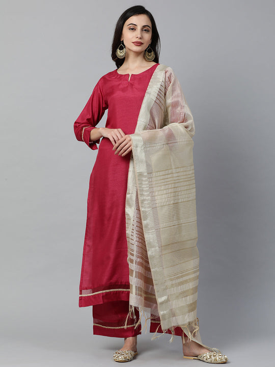 Indo Era Maroon Solid Straight Kurta Pant with Dupatta Sets