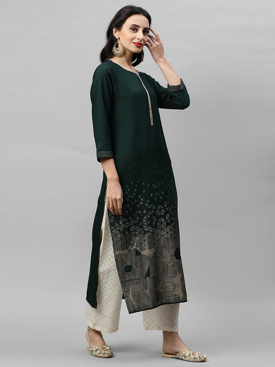 Indo Era Green Foil Printed Straight Kurtas