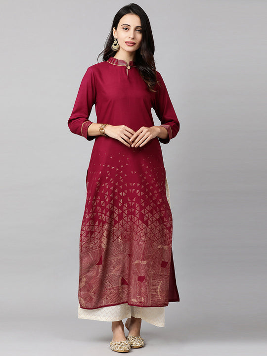 Indo Era Magenta Foil Printed Straight Kurtas