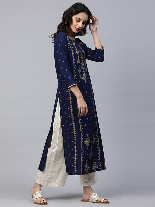 Indo Era Blue Foil Printed Straight Kurtas