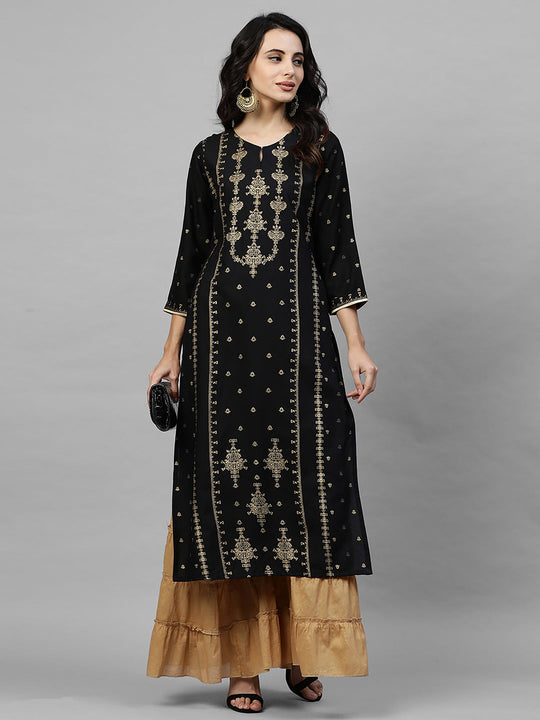 Indo Era Black Foil Printed Straight Kurtas